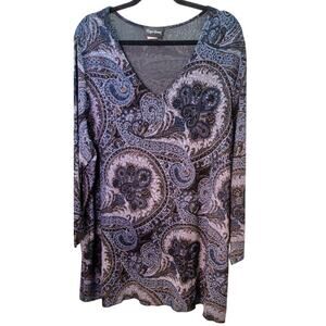 VTG Maggie Barnes Liquid Knit Plus Size Top Blue Paisley Blouse 3X Office Wear